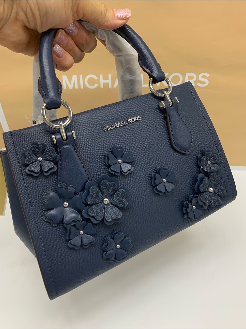 Michael Kors Marilyn Navy Floral Applique Satchel